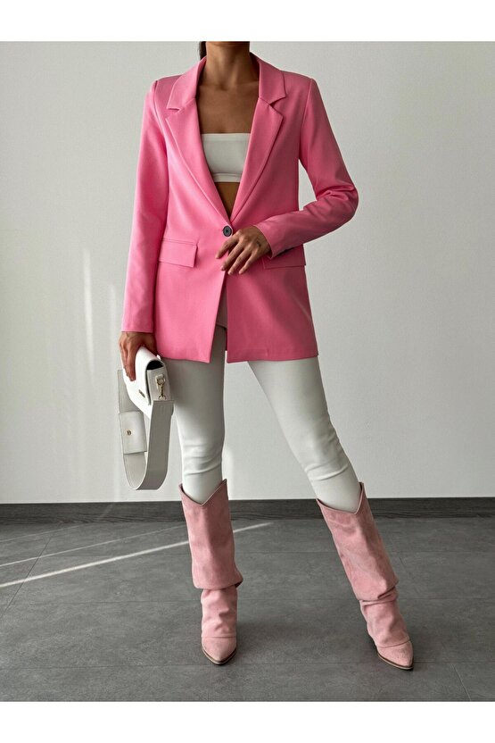 Atlas Kumaş Tek Düğmeli Pembe Blazer ceket