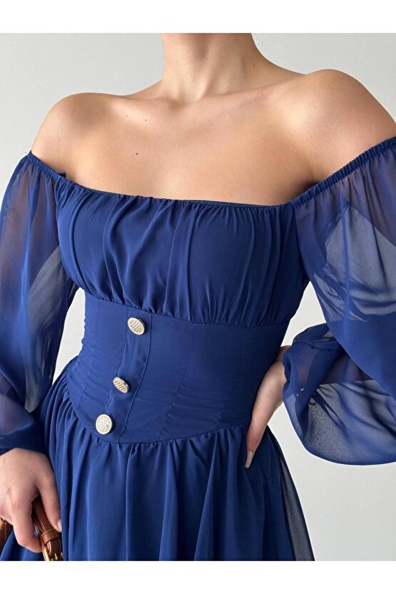 Düğme Detaylı Mini Şifon Elbise