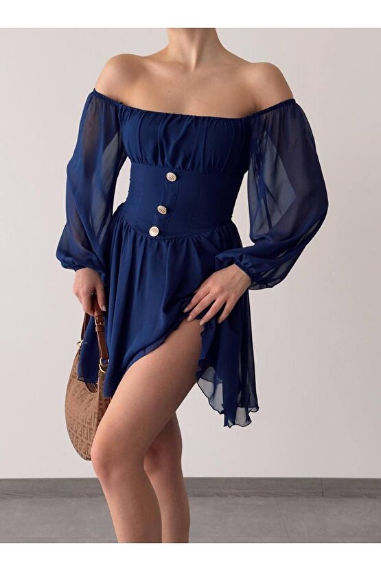 Düğme Detaylı Mini Şifon Elbise