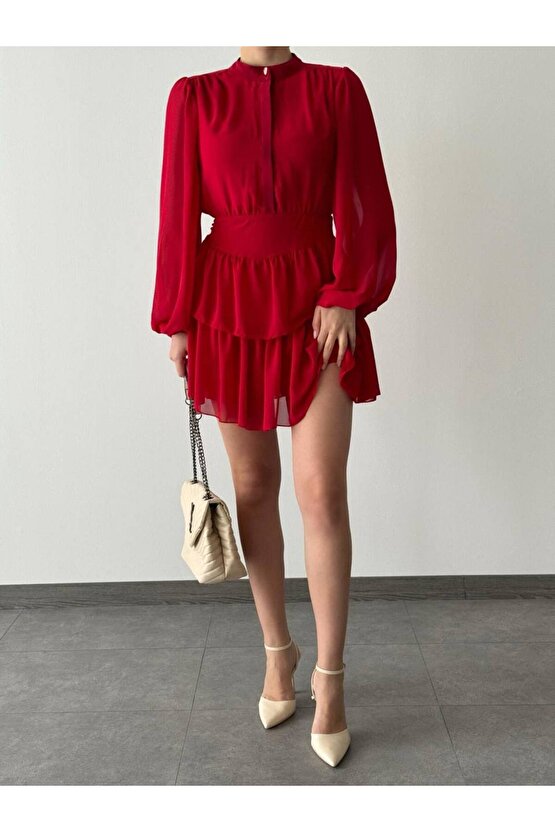 İnci Detay Korse Formlu Kat Etek Mini Boy Şifon Kumaş Kırmızı Elbise