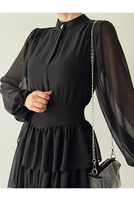 İnci Detay Korse Formlu Kat Etek Mini Boy Şifon Kumaş Siyah Elbise