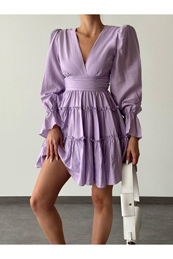 V Yaka Balon Kol Belden Oturtmalı Aerobin Kumaş Mini Boy Lila Elbise