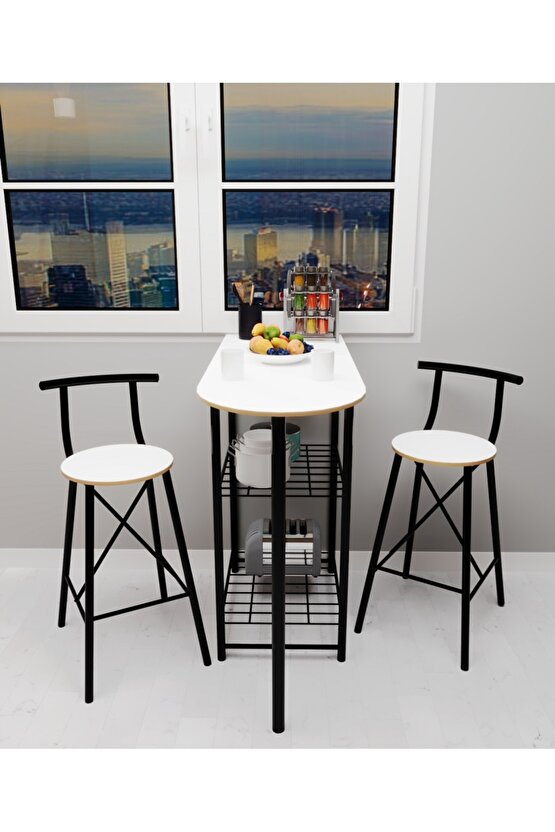 2 Kişilik Mutfak Masası Mutfak Bar Masa Sandalye Takımı Katlanır Bar Sandalye Atlantik Beyaz 1335-a