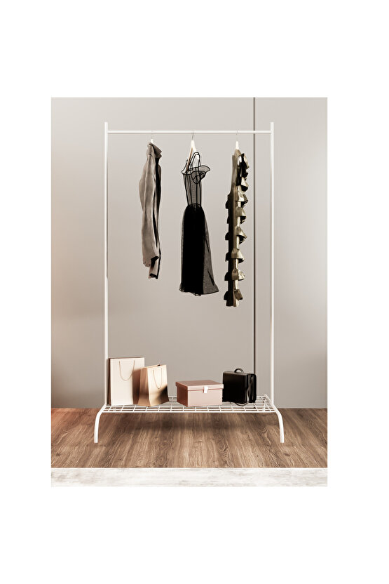 Konfeksiyon Askısı Metal Raflı Askılık Ayaklı Kıyafet Askılığı