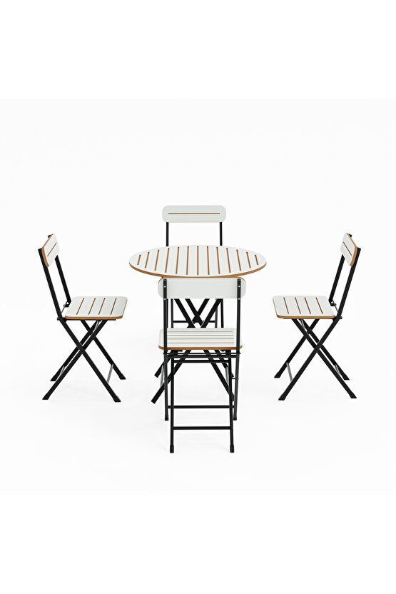 4 Kişilik Yuvarlak Bistro Takım Bahçe Mutfak Masa Sandalye Beyaz 1501