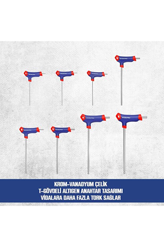 WP200542 8 Parça CR-V Top Başlı T Tipi Uzun Profesyonel Allen Anahtar Takımı