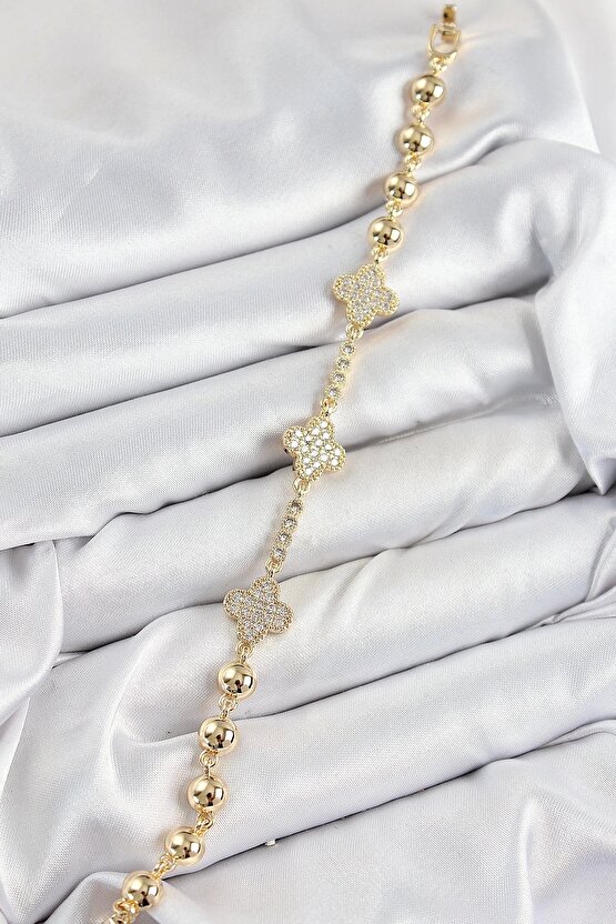 Pirinç Zirkon Taşlı Yonca Model Gold Renk Kadın Bileklik