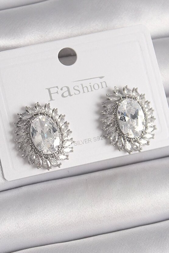 Pirinç Gümüş Renk Zirkon Taşlı Kadın Küpe