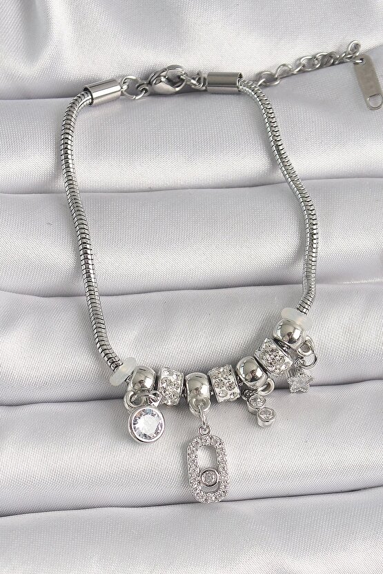 Pirinç Gümüş Renk Zincir Sallantı Zirkon Taşlı Yonca Figür Kadın Bileklik