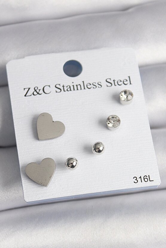 316L Çelik Gold Renk Zirkon Taşlı Kalpli Kadın Küpe Seti