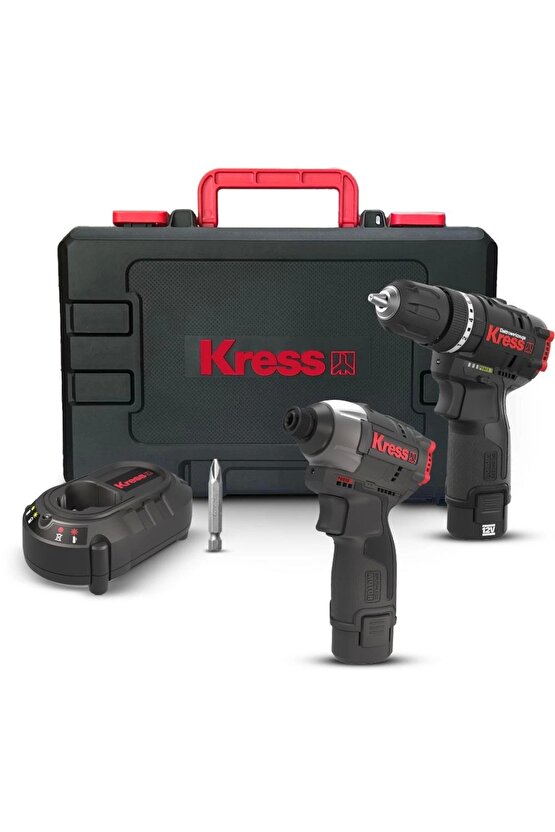 KUG02 12Volt2.0Ah. Li-ion Çift Akülü Kömürsüz Profesyonel Darbeli Matkap+Darbeli Tornavida Ko