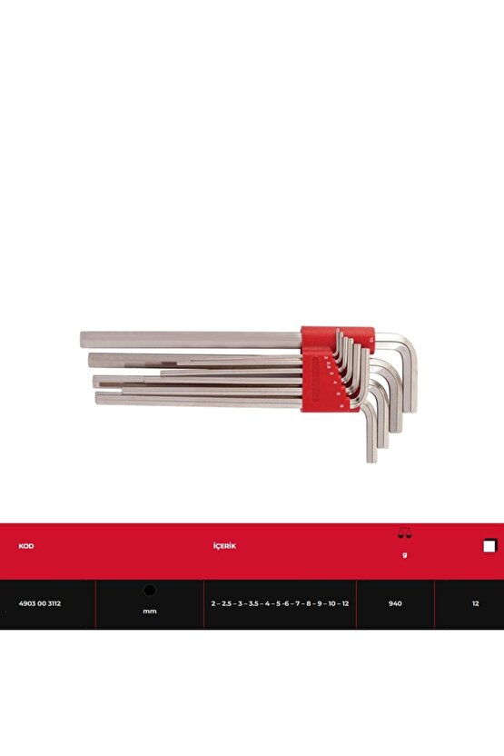 IZELTAS Altı Köşe Uzun Allen Anahtar Takımı 12 Parça