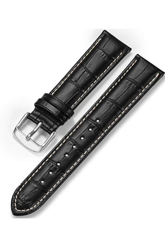 22 Milim Hakiki Dana Derisi beyaz Dikişli Siyah Saat Kayışı