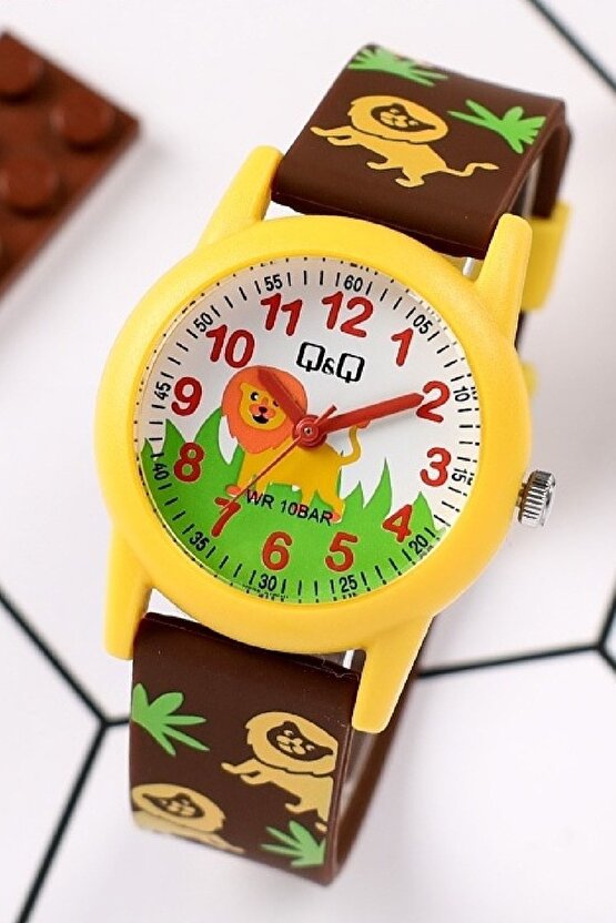 Kahve Sarı Aslan Desenli Su Geçirmez Rakamlı Erkek Çocuk Kol Saati