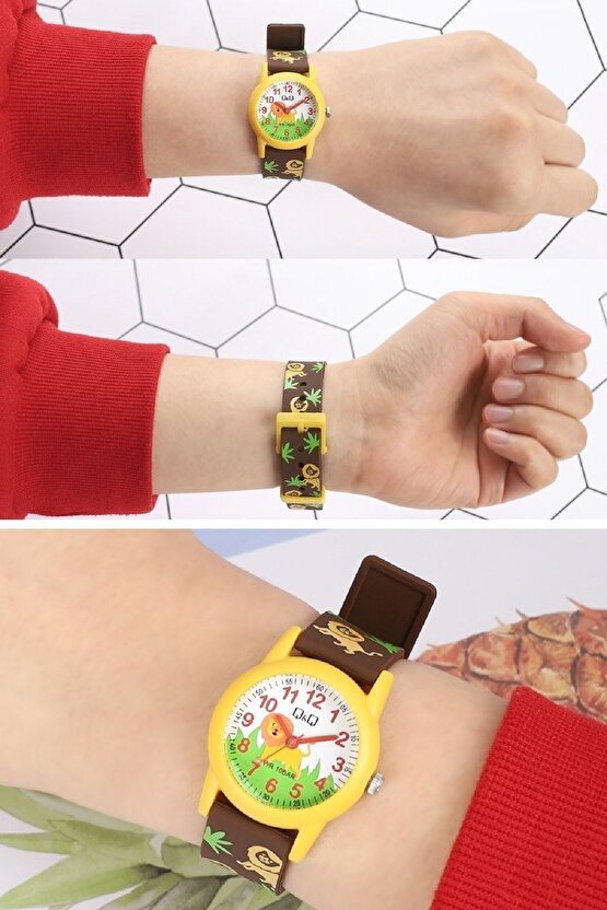 Kahve Sarı Aslan Desenli Su Geçirmez Rakamlı Erkek Çocuk Kol Saati