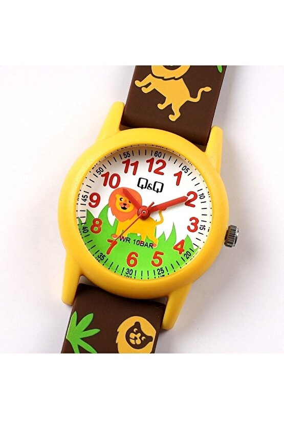 Kahve Sarı Aslan Desenli Su Geçirmez Rakamlı Erkek Çocuk Kol Saati