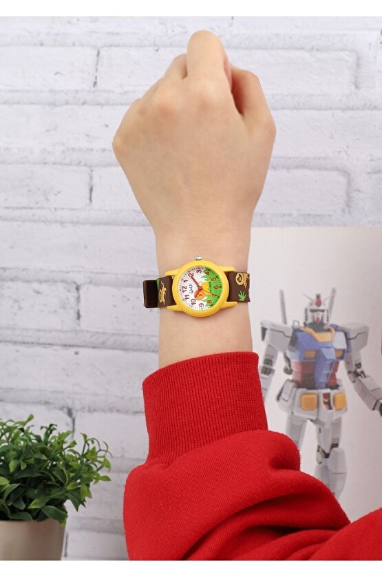 Kahve Sarı Aslan Desenli Su Geçirmez Rakamlı Erkek Çocuk Kol Saati