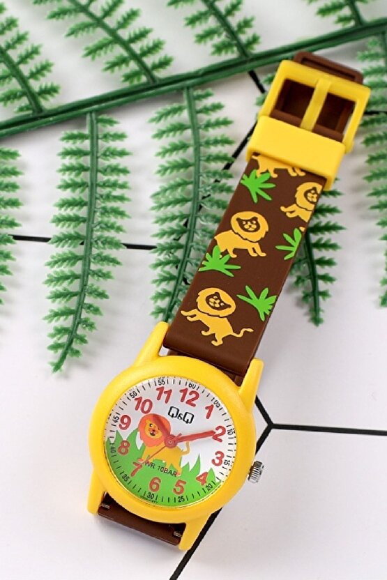 Kahve Sarı Aslan Desenli Su Geçirmez Rakamlı Erkek Çocuk Kol Saati