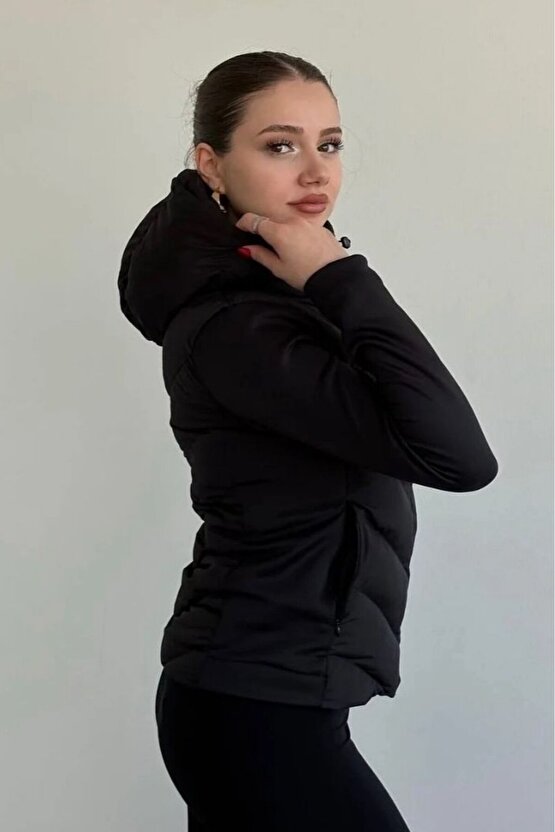 Kadın Siyah Kapüşonlu Termal Şişme Mont - ZR Range Rover Mom Kontrast Ceket