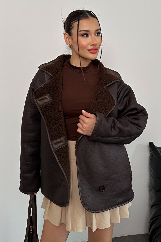 Kadın İçi Peluş Kürklü Oversize Suni Deri Mont - Else Lamine Süet Ceket