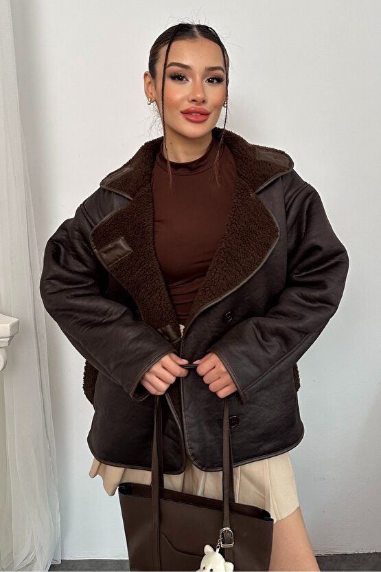 Kadın İçi Peluş Kürklü Oversize Suni Deri Mont - Else Lamine Süet Ceket