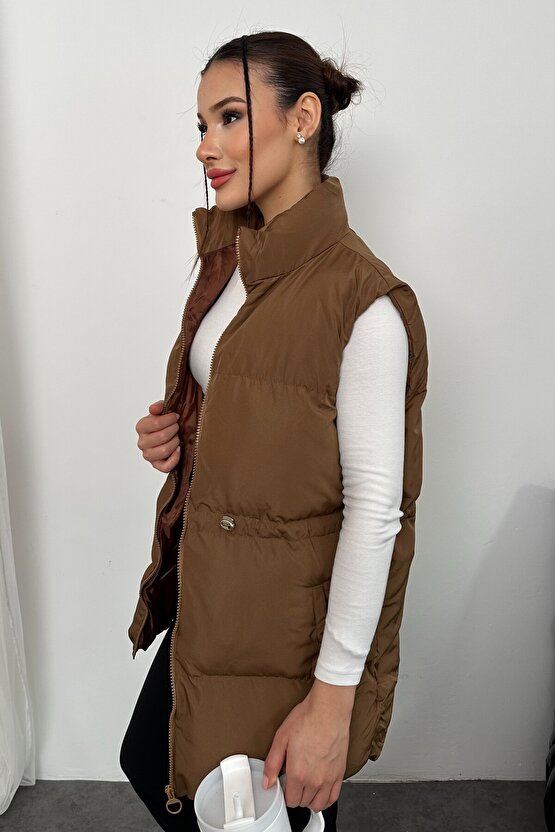 Kadın Kahverengi Şişme Yelek - Fermuarlı Cepli Spor Şişme Mont Yelek