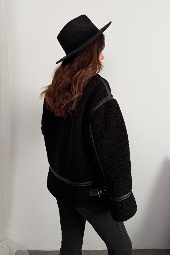Kadın Deri Detaylı Oversize Peluş Mont - Premium Tasarım Biker Teddy Kaban Ceket