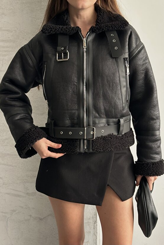 Kadın İçi Kürk Detaylı Kemerli Deri Mont - Kışlık Biker Peluş Astarlı Deri Ceket