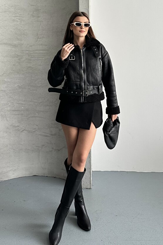 Kadın İçi Kürk Detaylı Kemerli Deri Mont - Kışlık Biker Peluş Astarlı Deri Ceket