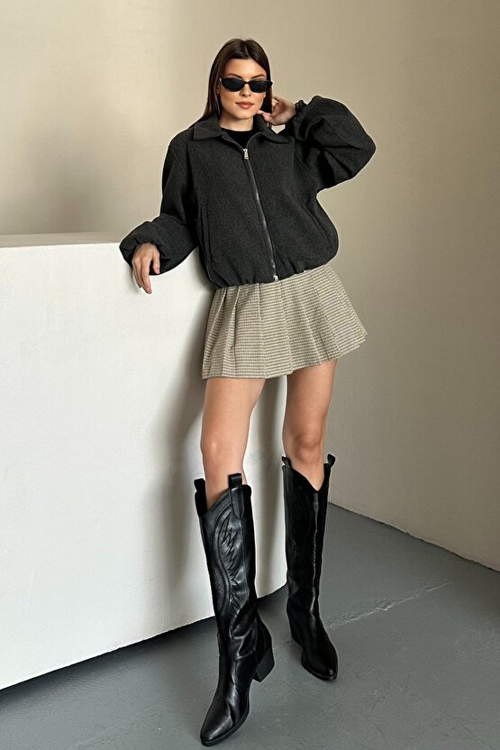 Kadın Oversize Bomber Ceket – Yumuşak Kaşe Dokulu, Mevsimlik, Casual Polar Mont