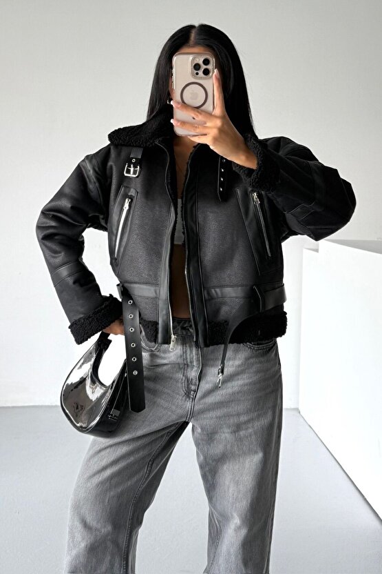 Kadın Kürk Astarlı Siyah Suni Deri Mont - Kışlık Oversize İçi Peluş Biker Ceket