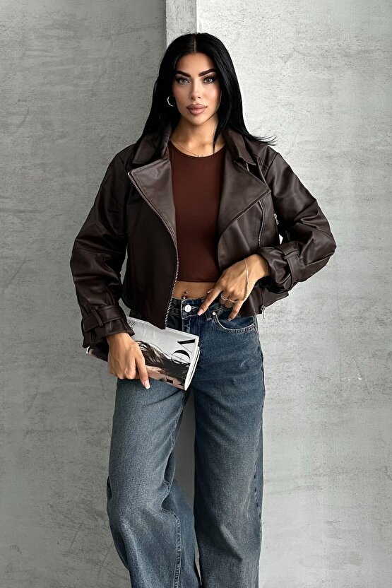 Suni Deri Balon Kol Biker Ceket