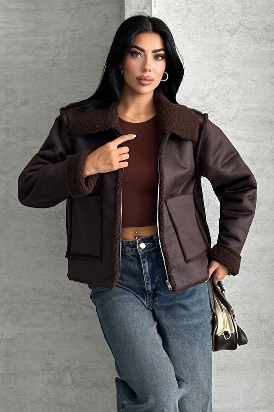Kadın Çift Cepli İçi Suni Kürklü Suni Deri Biker Mont