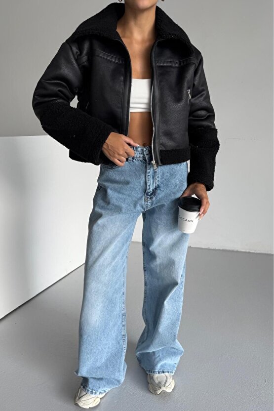 Kadın Peluş Detaylı Crop Biker Suni Deri Mont
