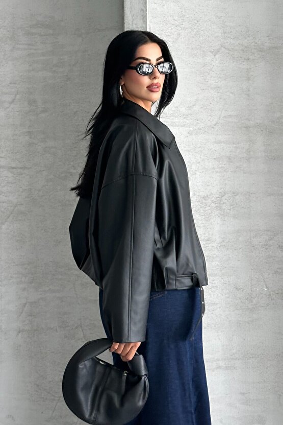 Kadın Oversize Bomber Suni Deri Ceket | Yeni Sezon Kemerli Biker Ceket