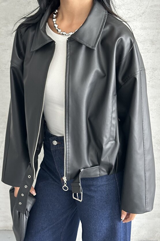 Kadın Oversize Bomber Suni Deri Ceket | Yeni Sezon Kemerli Biker Ceket