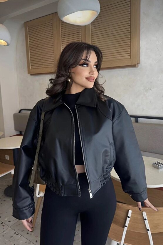 Yakalı Suni Deri Bomber Ceket