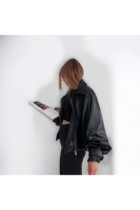Balon Kol Siyah Deri Ceket