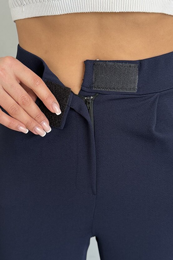 Kadın Yüksek Bel Cırt Kapamalı Likralı Lacivert Palazzo Pantolon - Günlük Rahat Kalıp