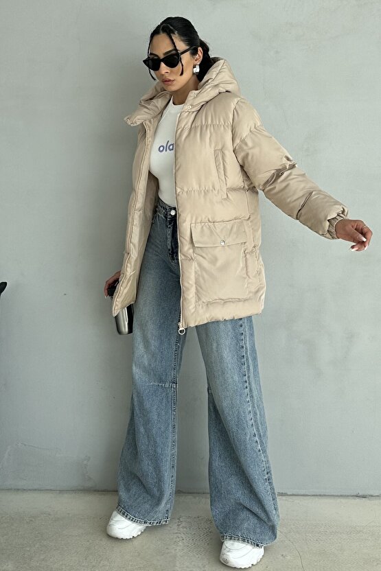 Kapüşonlu Oversize Kadın Şişme Mont - 4 Cep Detaylı, Bej