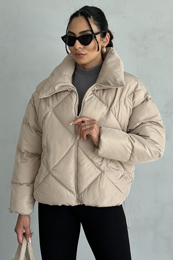 Kadın Bej Oversize Şişme Mont - Baklava Desenli