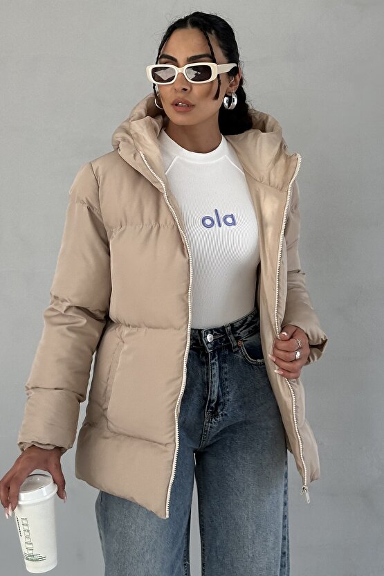 Kadın Bej Kapüşonlu Şişme Mont