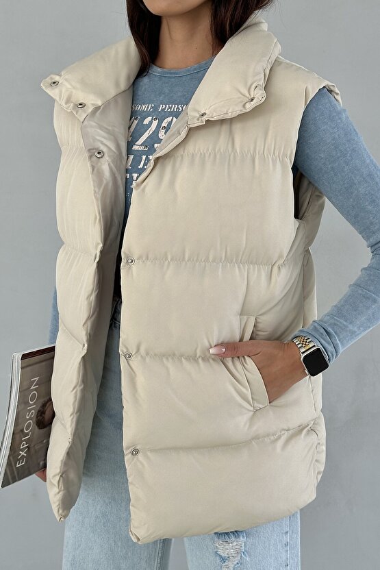 Kadın Filotalı Cep Çıtçıtlı Yakalı Uzun Şişme Yelek