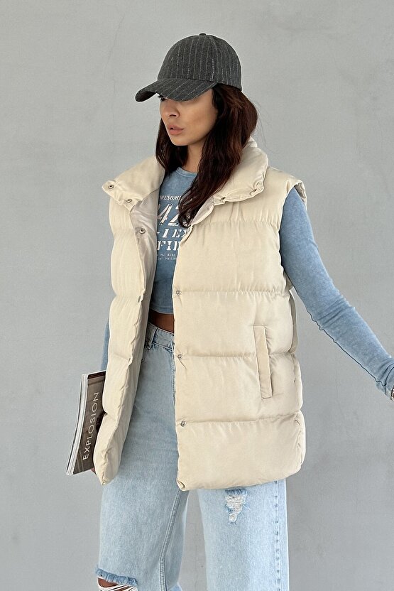 Kadın Filotalı Cep Çıtçıtlı Yakalı Uzun Şişme Yelek