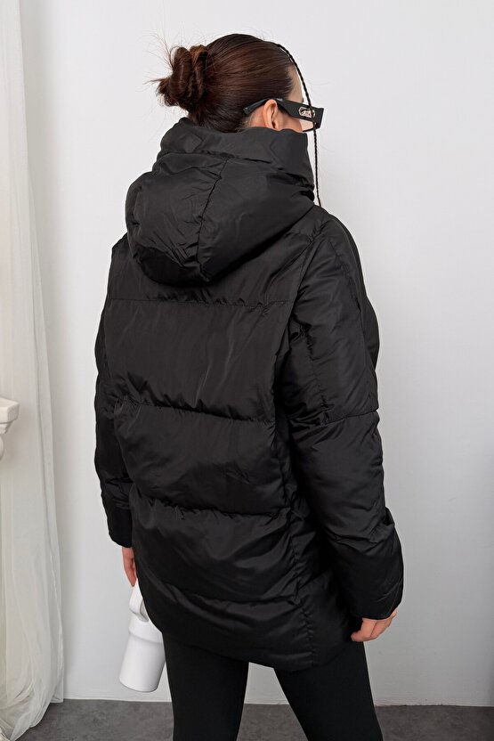 Puffer Yarasa Şişme Siyah Oversize Mont