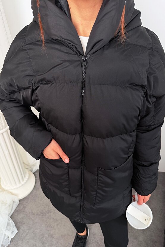 Puffer Yarasa Şişme Siyah Oversize Mont