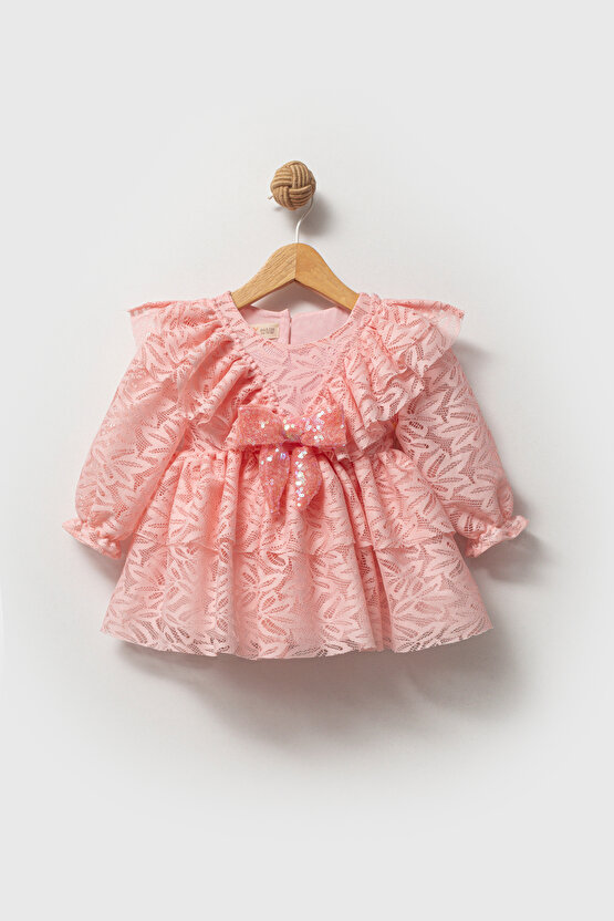 Kız Bebek Elbise Kız Çocuk Elbise Yakalı Doğum Günü Parti Düğün Özel Gün Uzun Kol Fiyonklu Astarlı