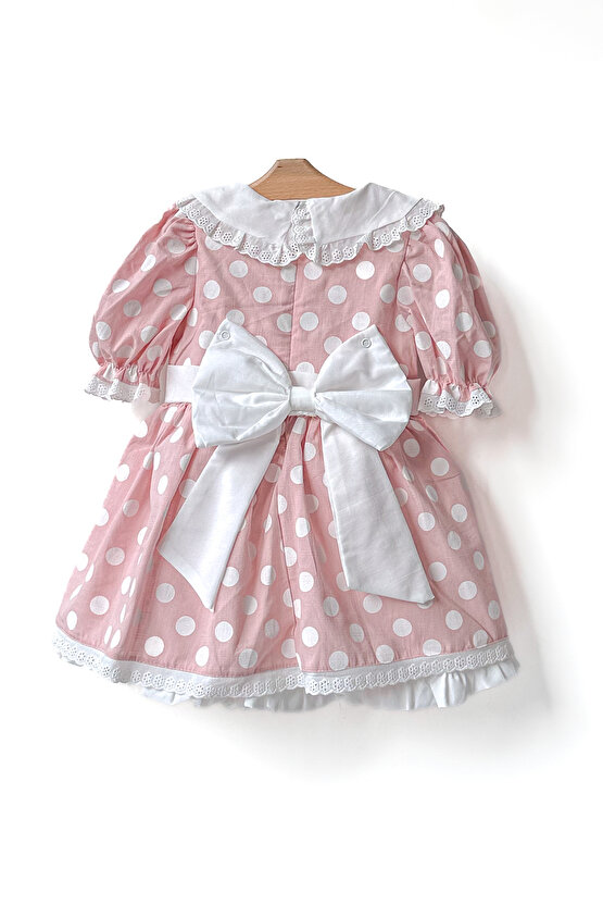 Kız Bebek Kız Çocuk Doğum Günü Parti Düğün Elbise Yarım Kol Astarlı Puanlı Fiyonklu Elbise
