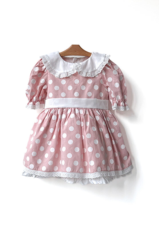 Kız Bebek Kız Çocuk Doğum Günü Parti Düğün Elbise Yarım Kol Astarlı Puanlı Fiyonklu Elbise