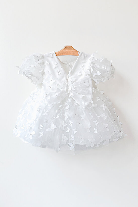 Kız Bebek Kız Çocuk Doğum Günü Parti Düğün Elbise Balonkol Kelebekli Fiyonklu Tüllü Tütü Astarlı